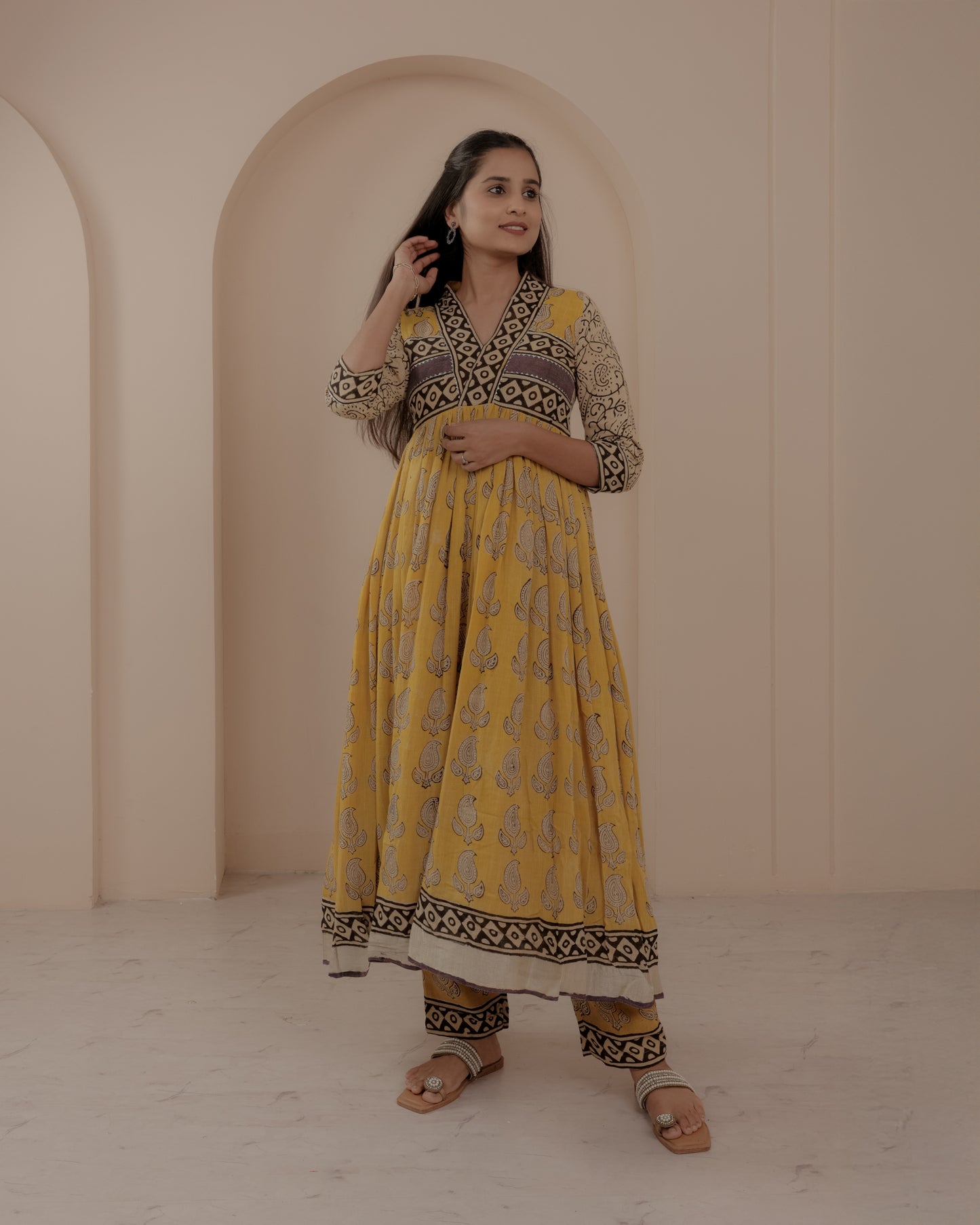 Yellow Ajrakh Hand Block Printed Anarkali Kurta Set