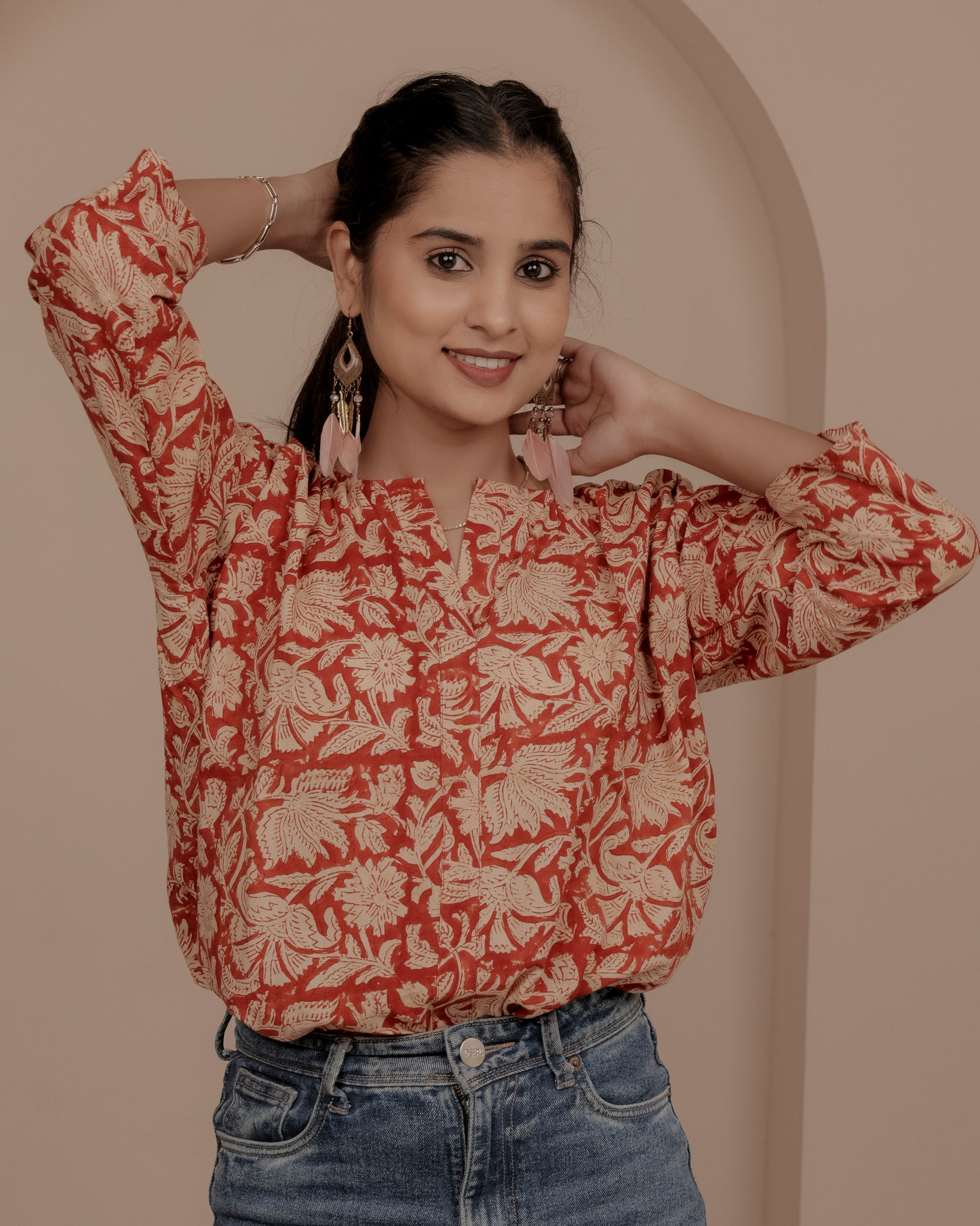 Red hand block sanganeri print top