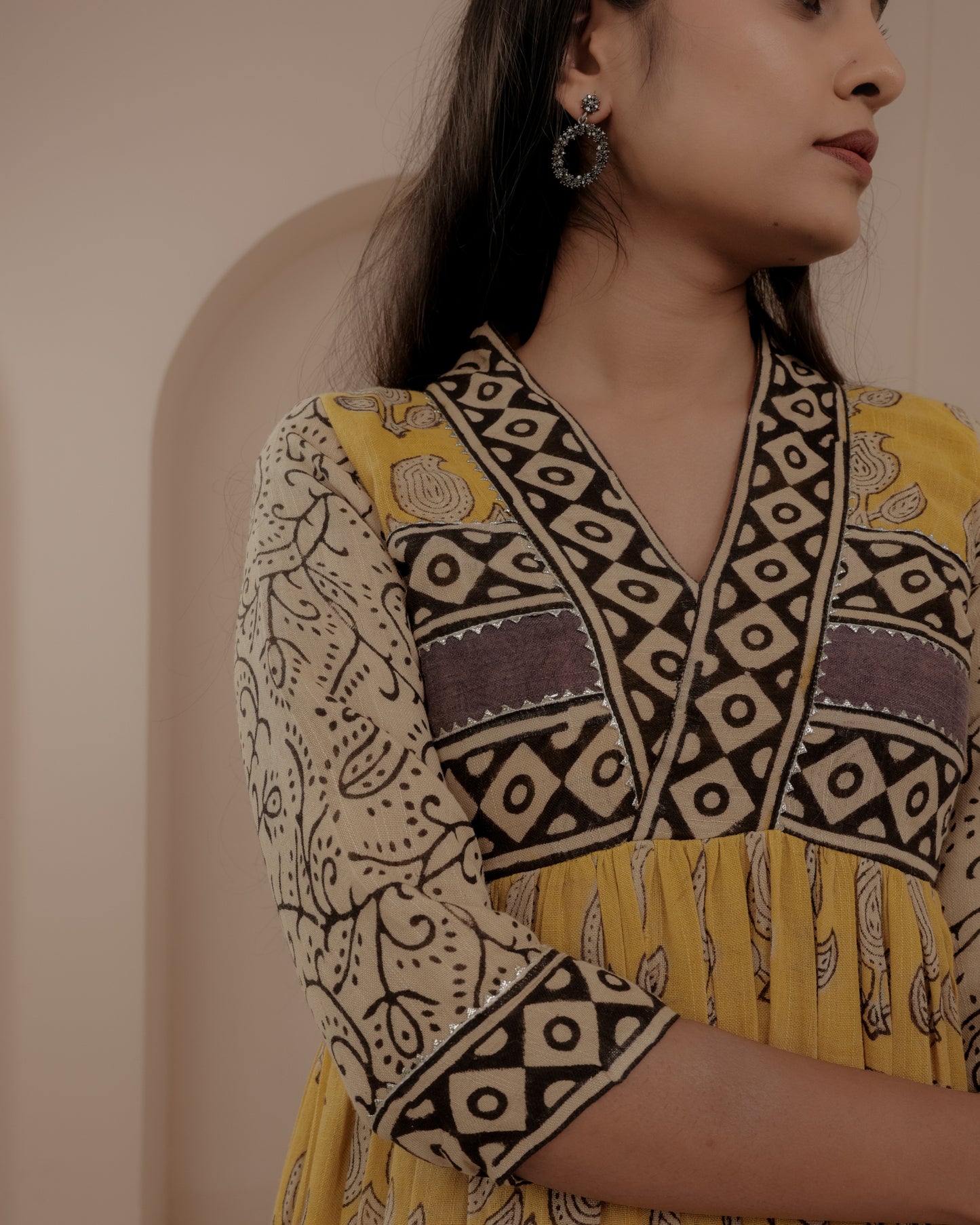 Yellow Ajrakh Hand Block Printed Anarkali Kurta Set