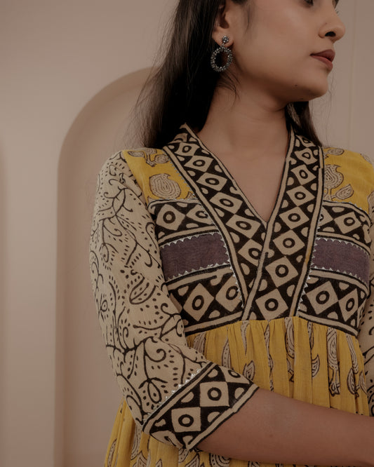 Yellow Ajrakh Hand Block Printed Anarkali Kurta Set
