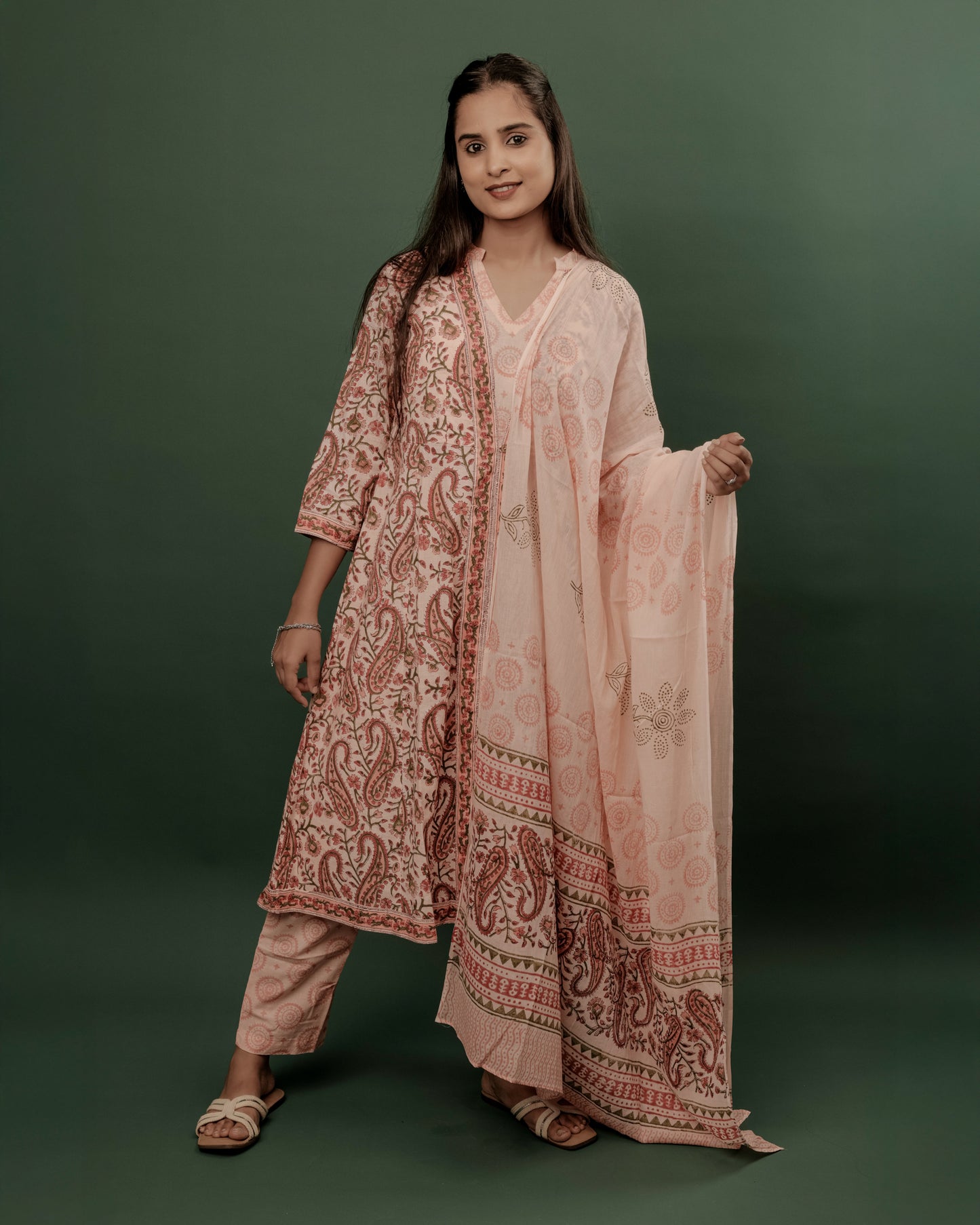 Peach Pink A-Line Kurta Pant & Dupatta Set