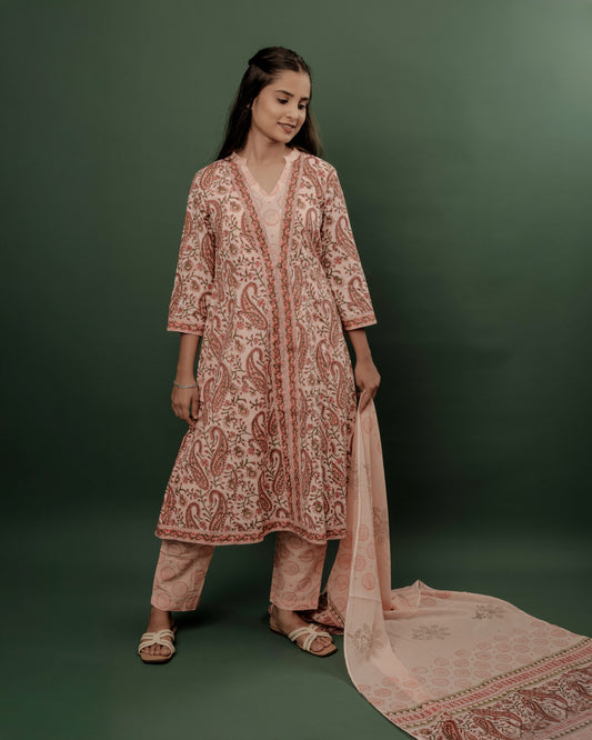 Peach Pink A-Line Kurta Pant & Dupatta Set