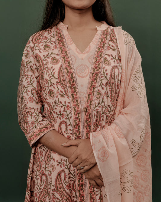 Peach Pink A-Line Kurta Pant & Dupatta Set