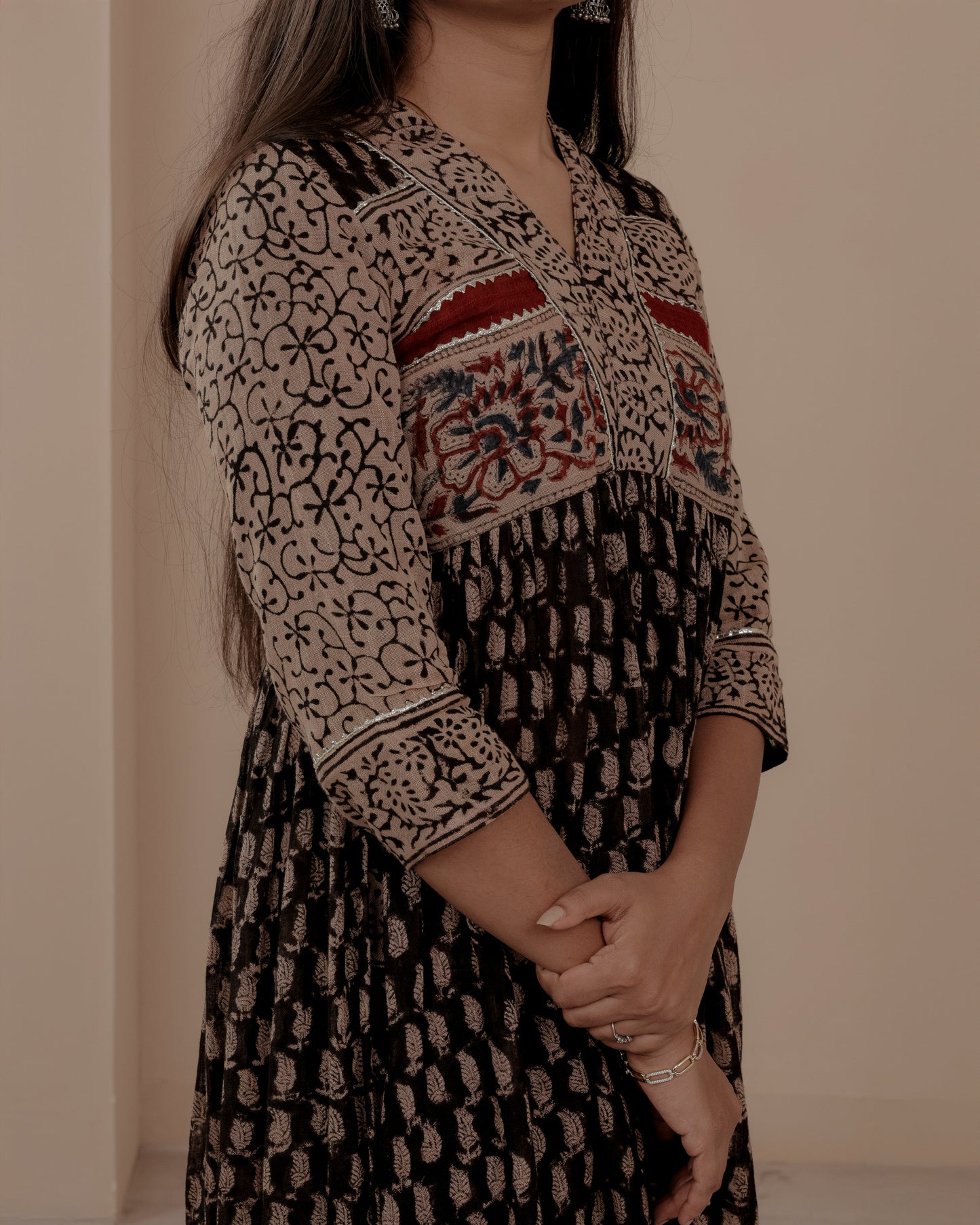Black Ajrakh Hand Block Printed Linen Kurta Set