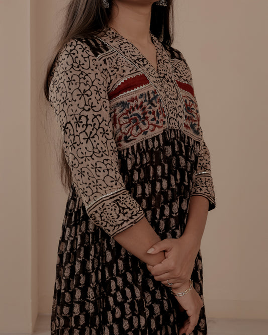 Black Ajrakh Hand Block Printed Linen Kurta Set