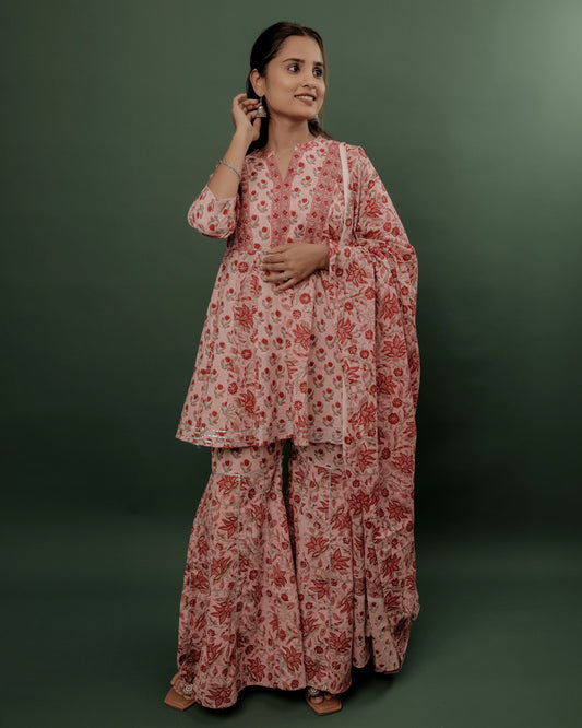 Pink Sanganeri Hand Block Printed Flared Top & Sharara Set
