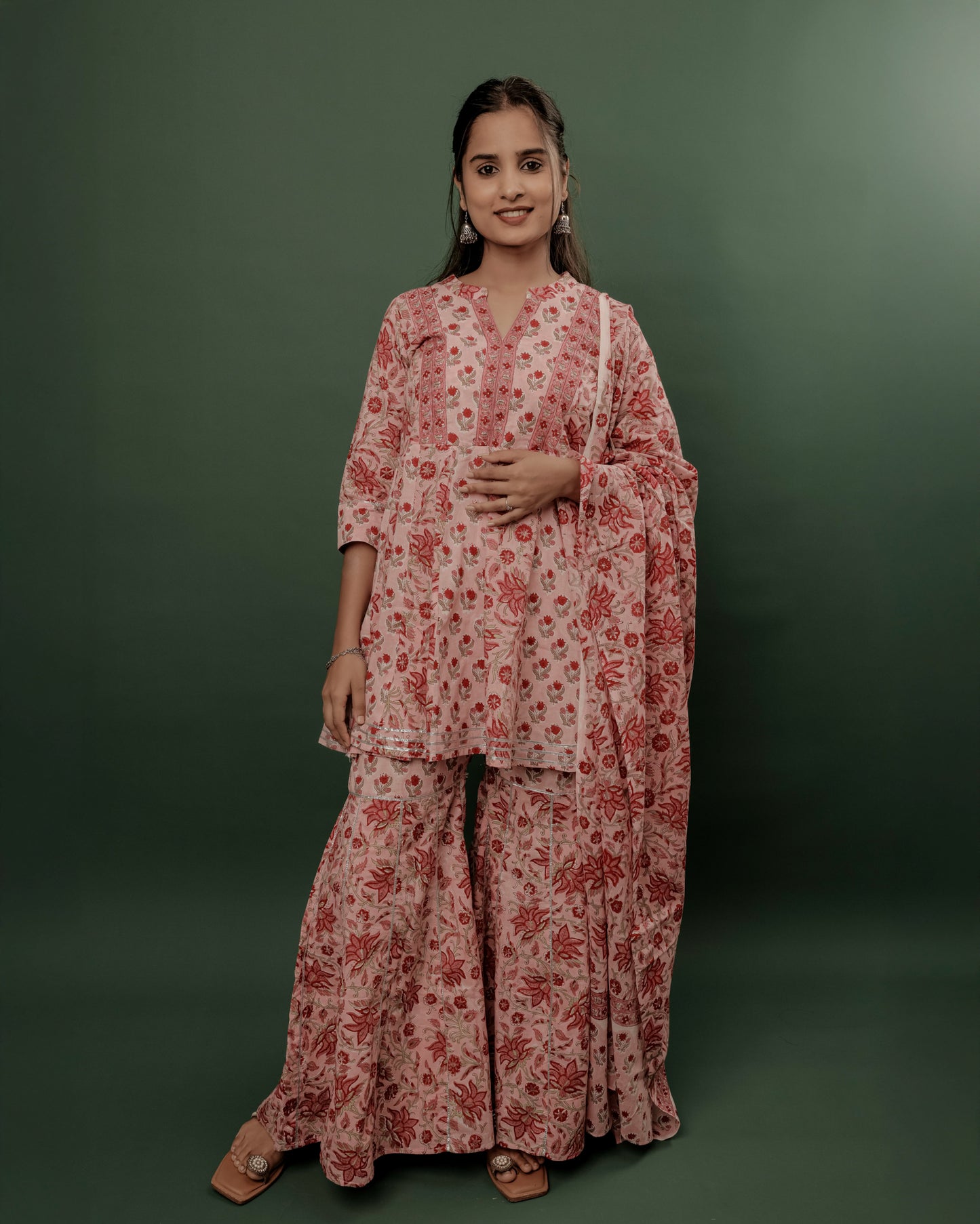 Pink Sanganeri Hand Block Printed Flared Top & Sharara Set