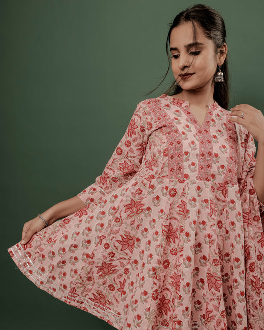 Pink Sanganeri Hand Block Printed Flared Top & Sharara Set