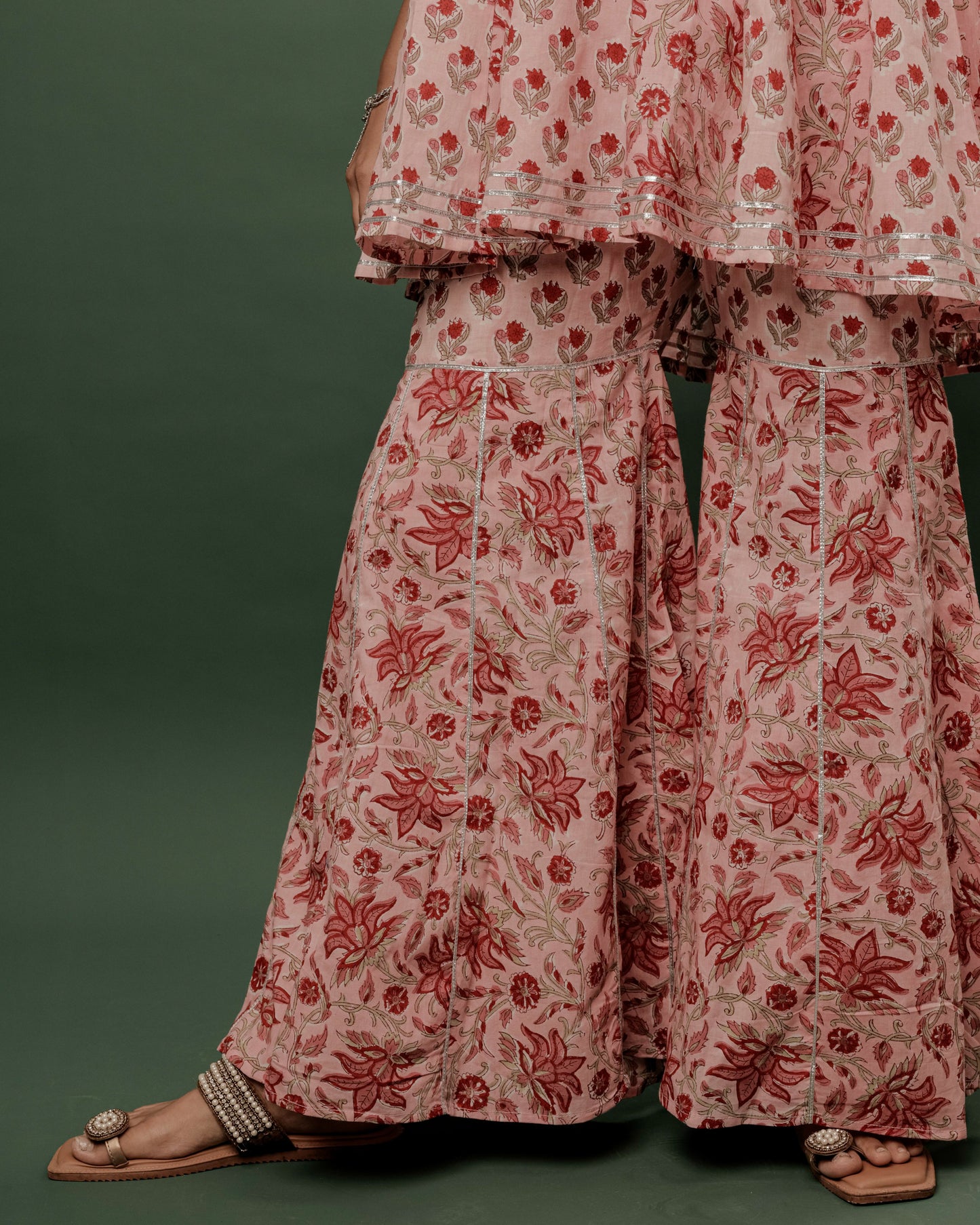 Pink Sanganeri Hand Block Printed Flared Top & Sharara Set