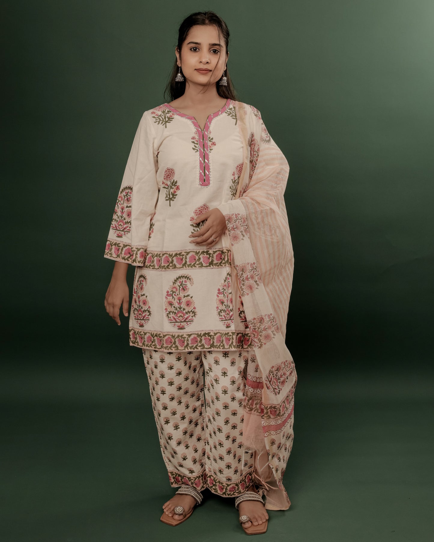 White Hand Block Printed Short Kurti, Wide-Leg Pants & Chanderi Dupatta