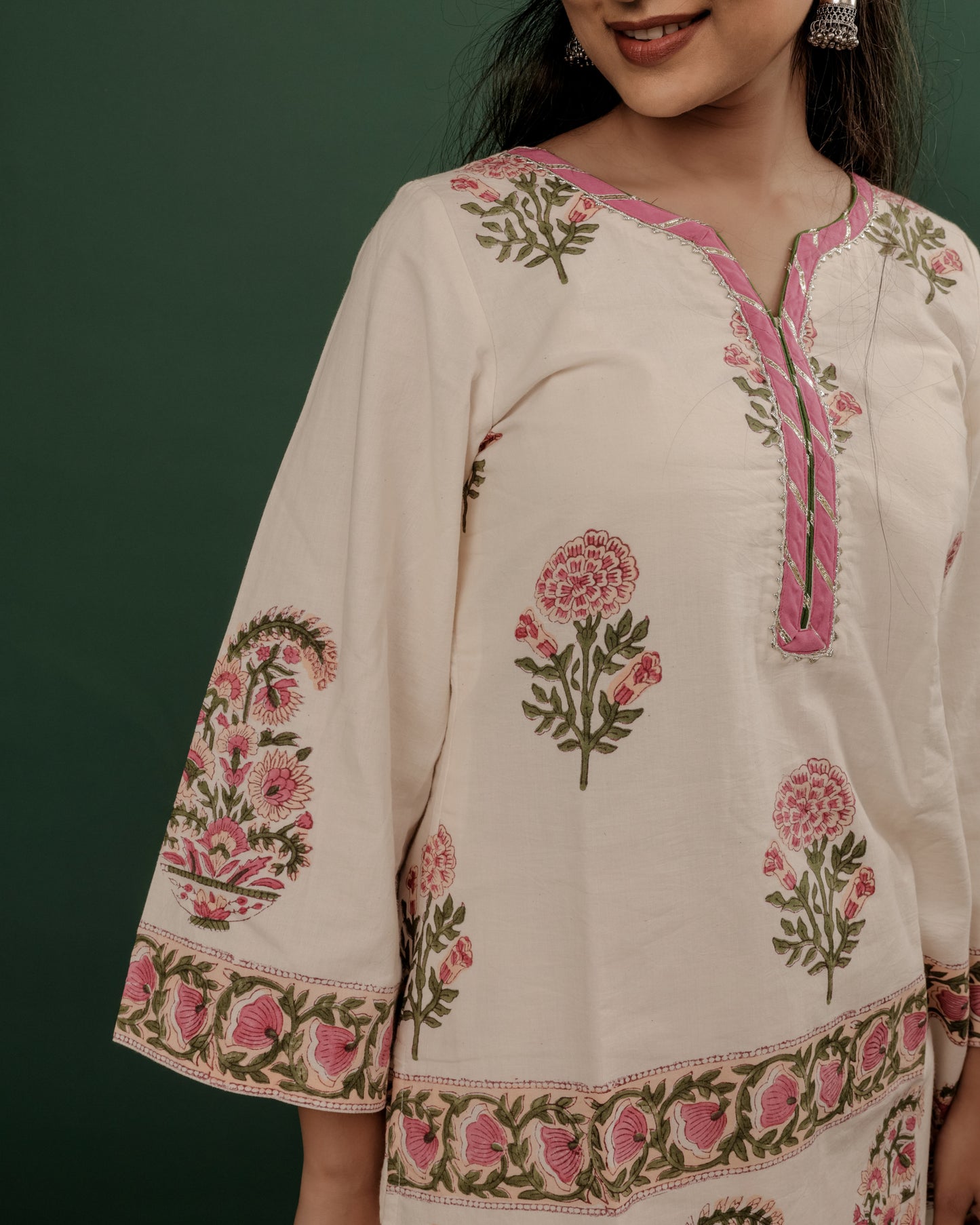 White Hand Block Printed Short Kurti, Wide-Leg Pants & Chanderi Dupatta