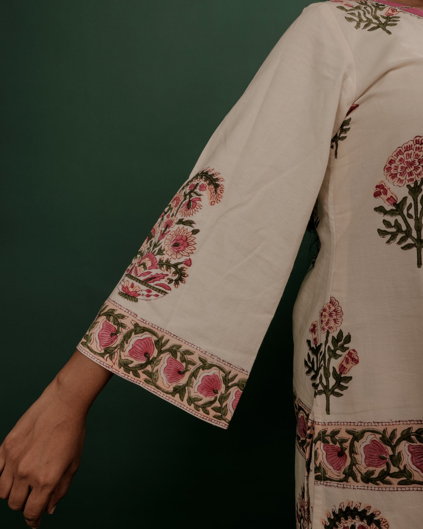 White Hand Block Printed Short Kurti, Wide-Leg Pants & Chanderi Dupatta