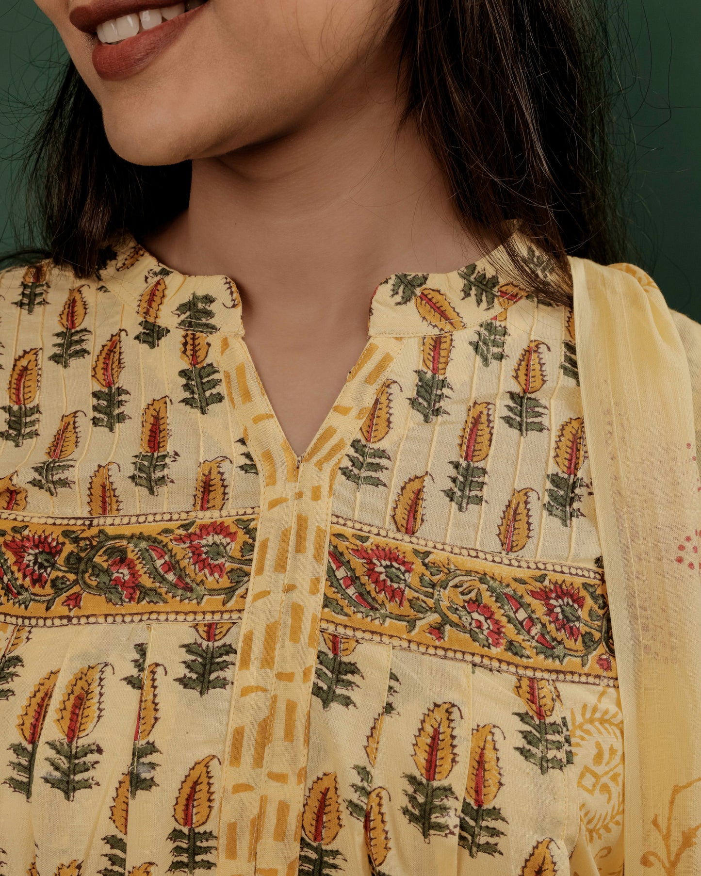 Yellow Hand Block Printed A-Line Kurta Pant & Dupatta Set