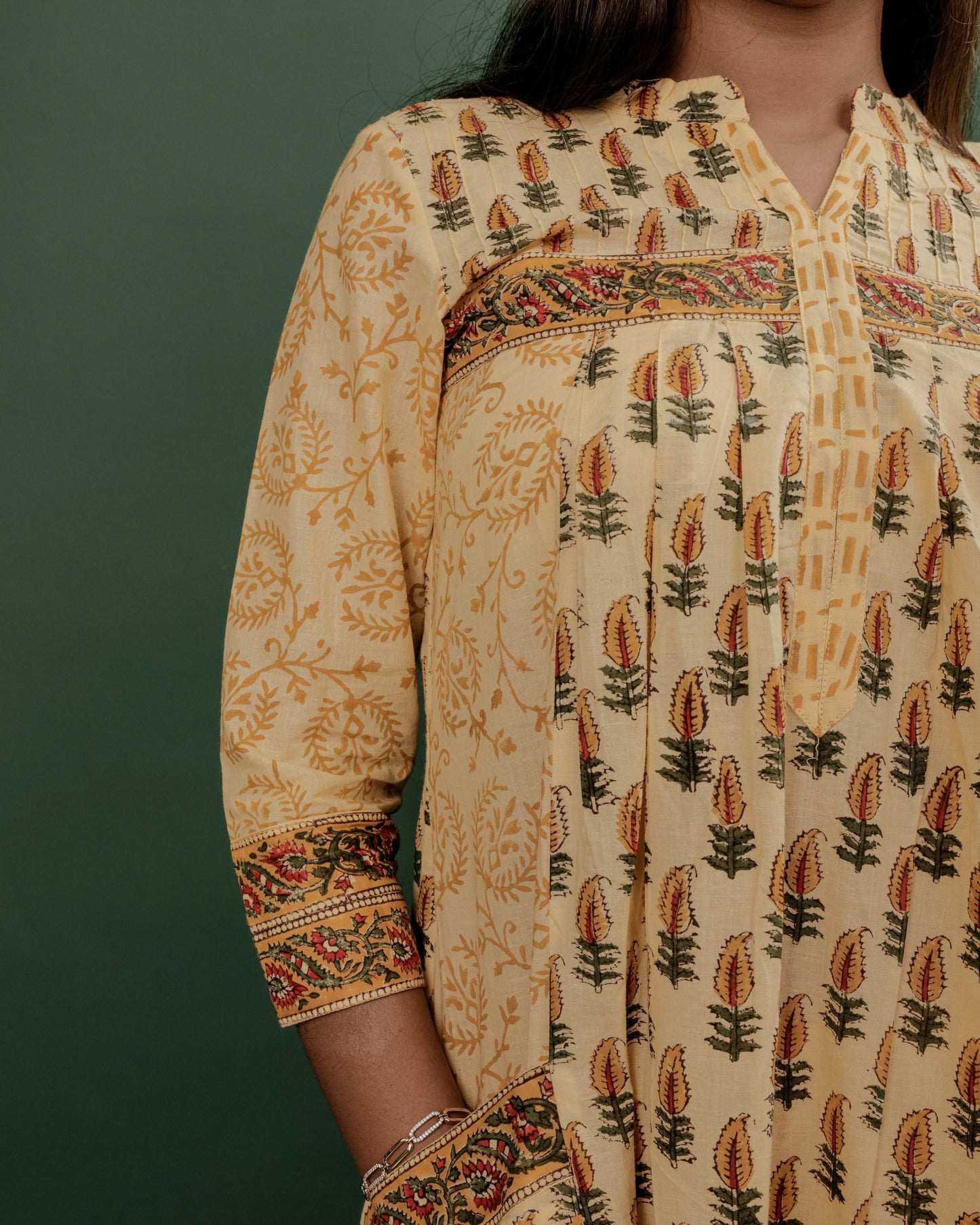 Yellow Hand Block Printed A-Line Kurta Pant & Dupatta Set