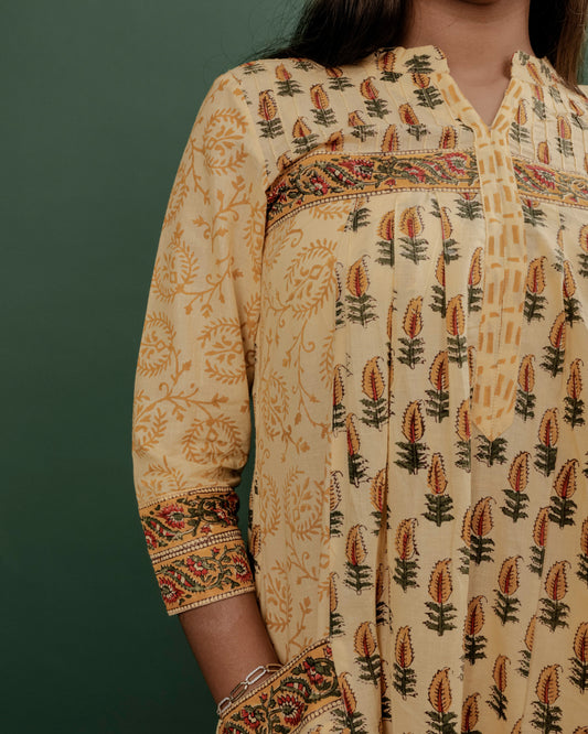 Yellow Hand Block Printed A-Line Kurta Pant & Dupatta Set