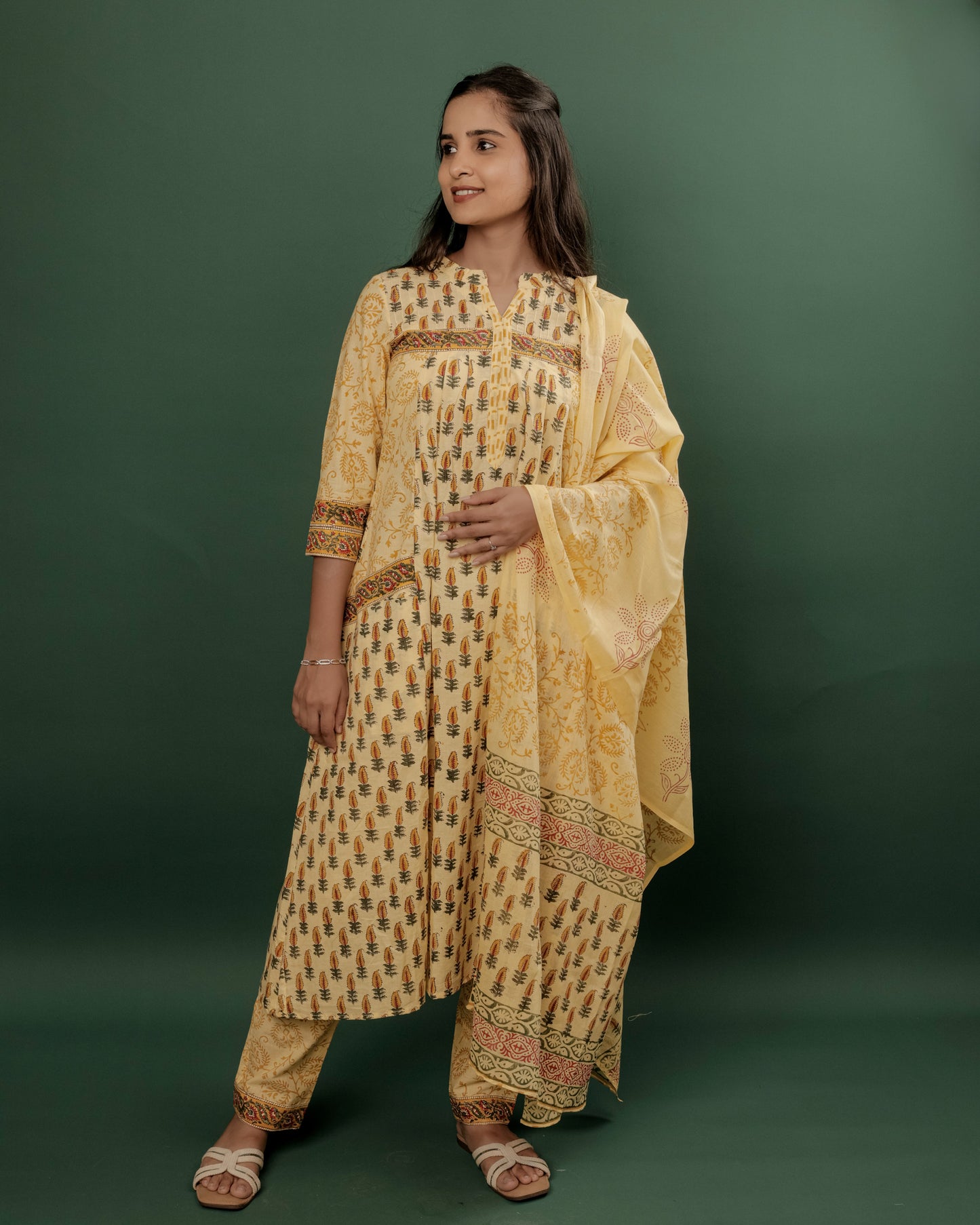 Yellow Hand Block Printed A-Line Kurta Pant & Dupatta Set