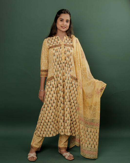 Yellow Hand Block Printed A-Line Kurta Pant & Dupatta Set