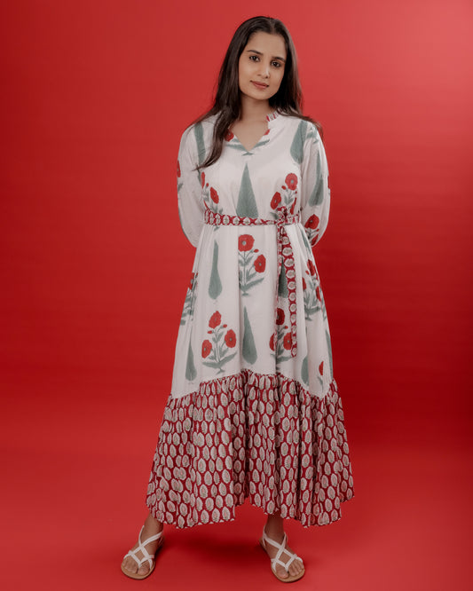 White & Red Mughal Motif Hand Block Printed Dress
