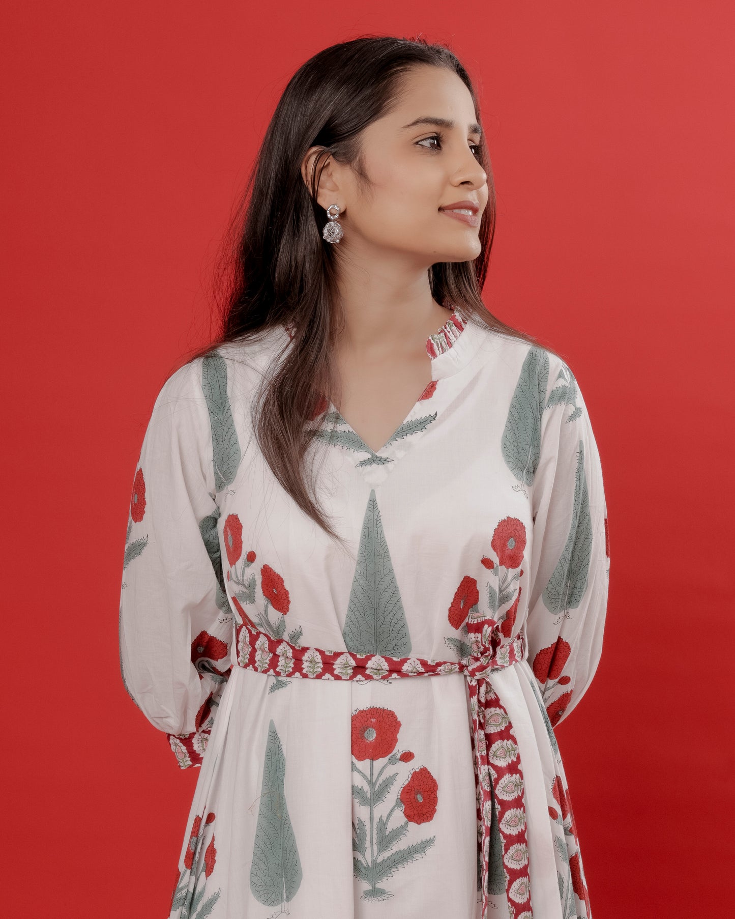 White & Red Mughal Motif Hand Block Printed Dress