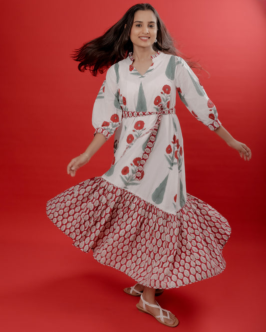 White & Red Mughal Motif Hand Block Printed Dress