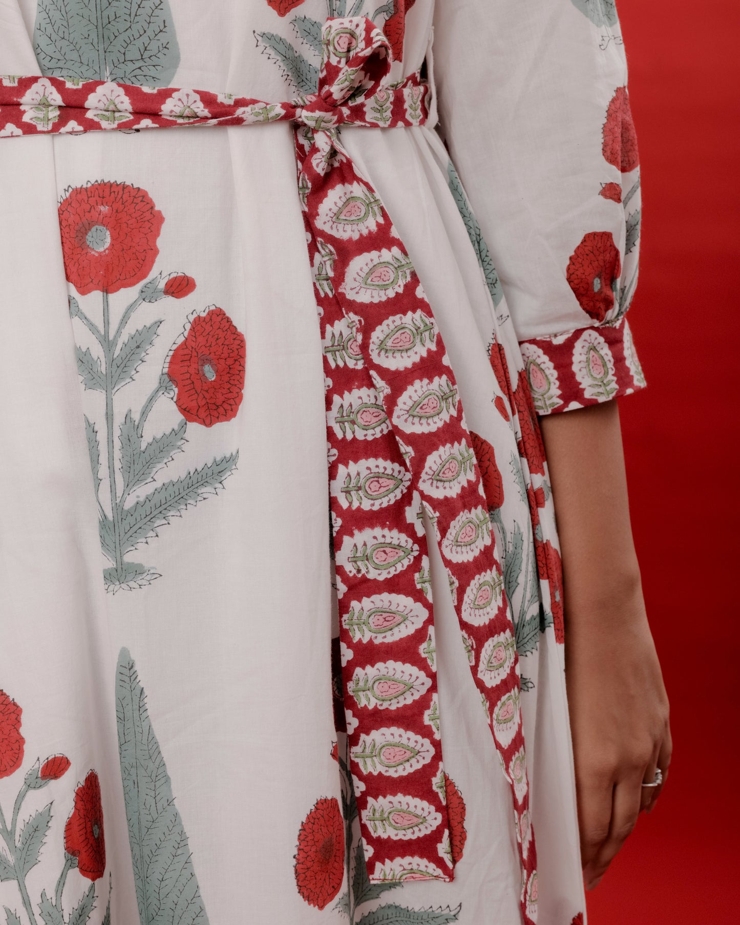 White & Red Mughal Motif Hand Block Printed Dress