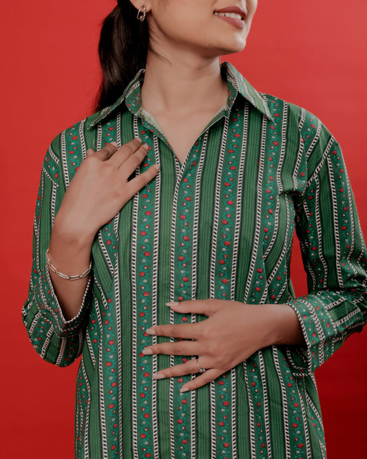 Green Poplin Floral–Linear Print Shirt