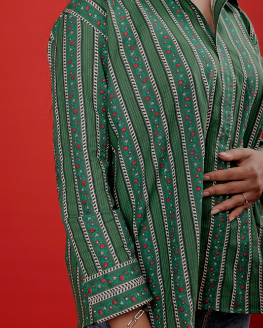 Green Poplin Floral–Linear Print Shirt