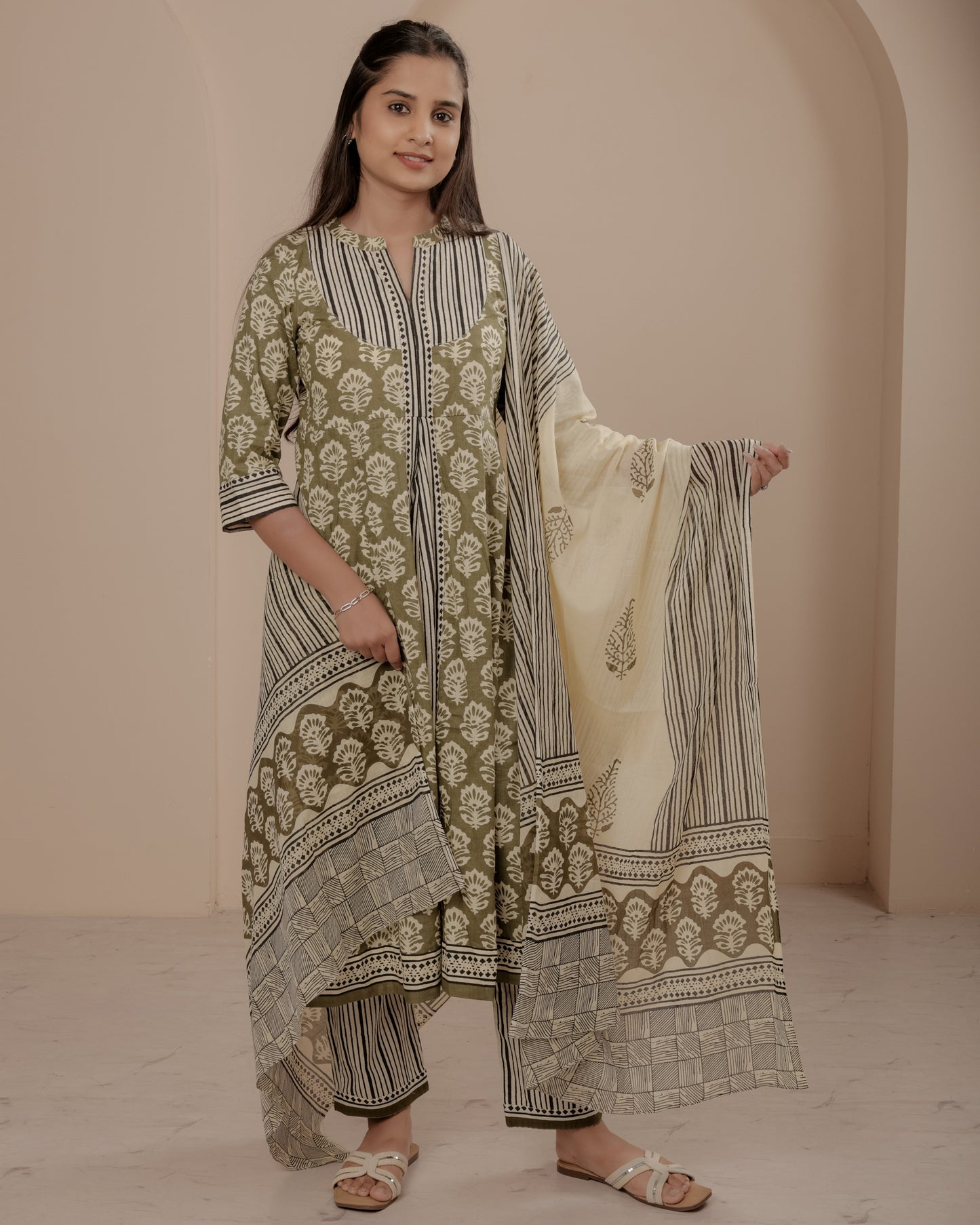 Green Hand Block Printed A-Line Kurta Set with Dupatta