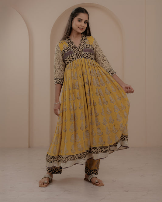 Yellow Ajrakh Hand Block Printed Anarkali Kurta Set