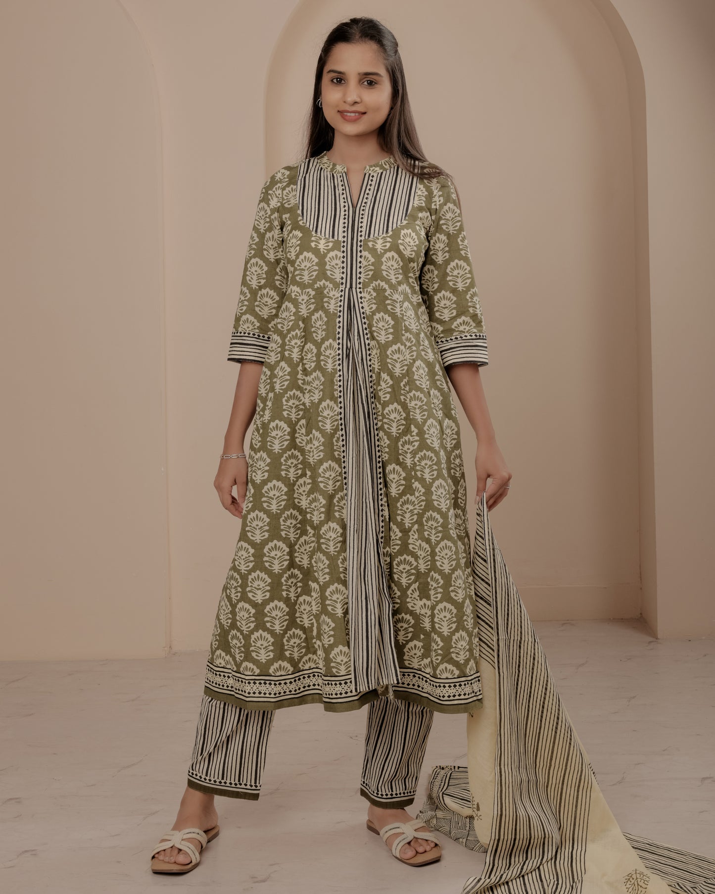 Green Hand Block Printed A-Line Kurta Set with Dupatta
