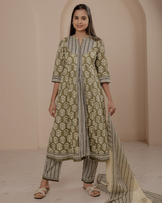 Green Hand Block Printed A-Line Kurta Set with Dupatta