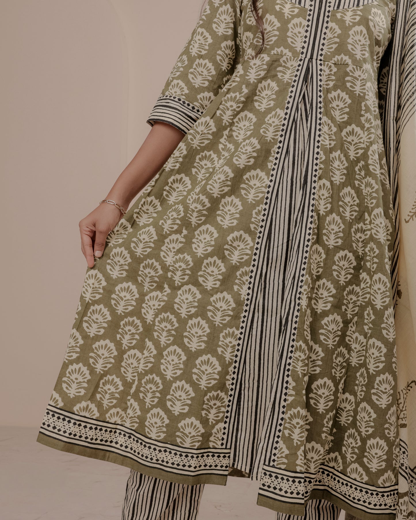 Green Hand Block Printed A-Line Kurta Set with Dupatta