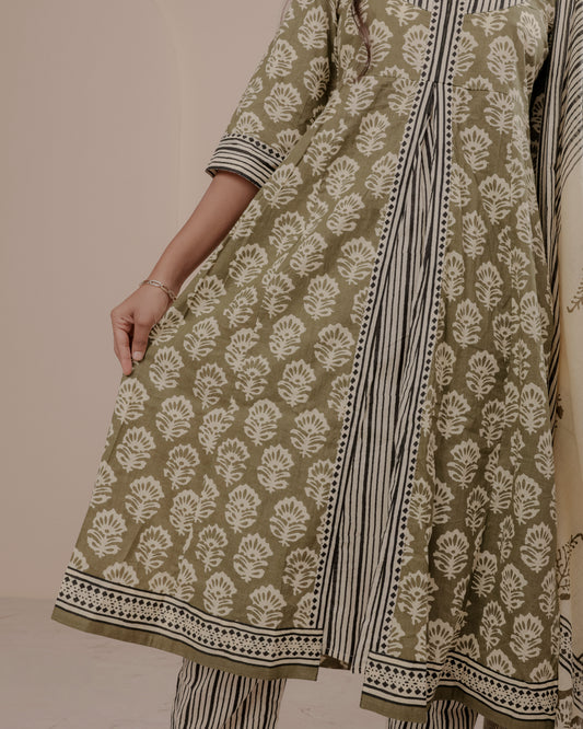 Green Hand Block Printed A-Line Kurta Set with Dupatta