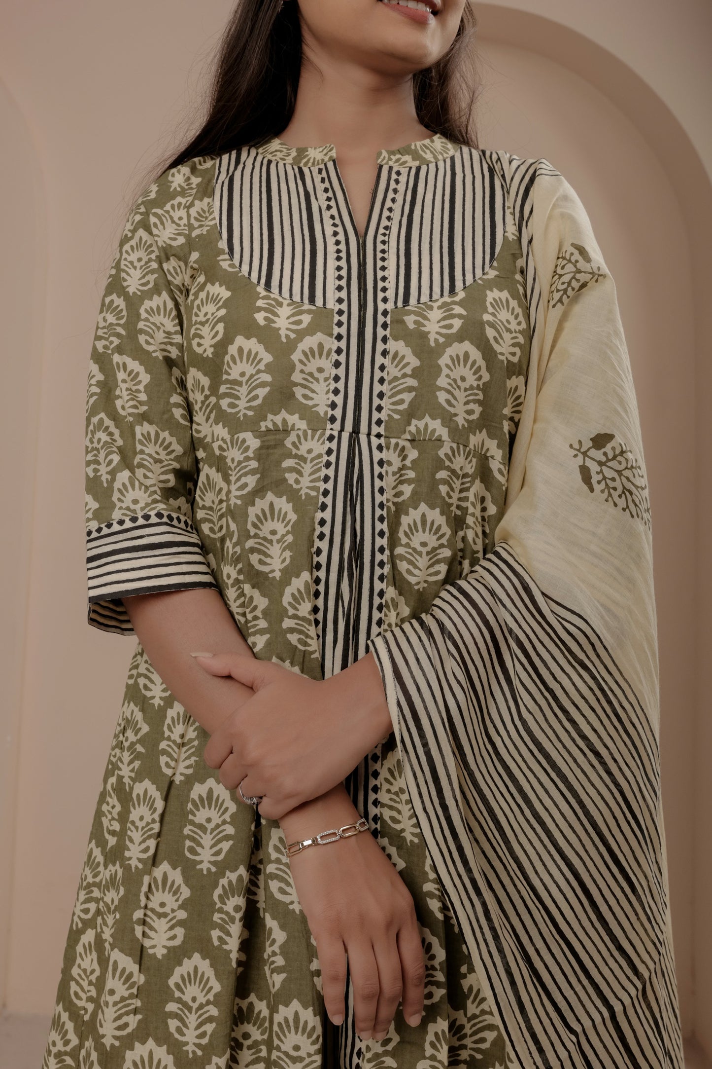 Green Hand Block Printed A-Line Kurta Set with Dupatta