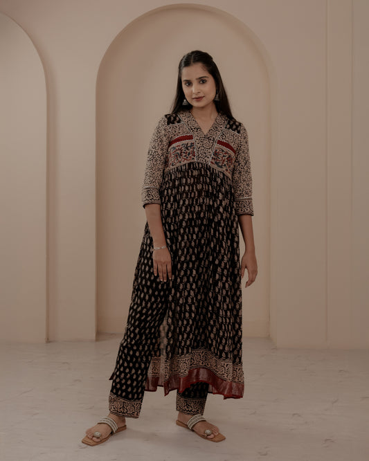 Black Ajrakh Hand Block Printed Linen Kurta Set