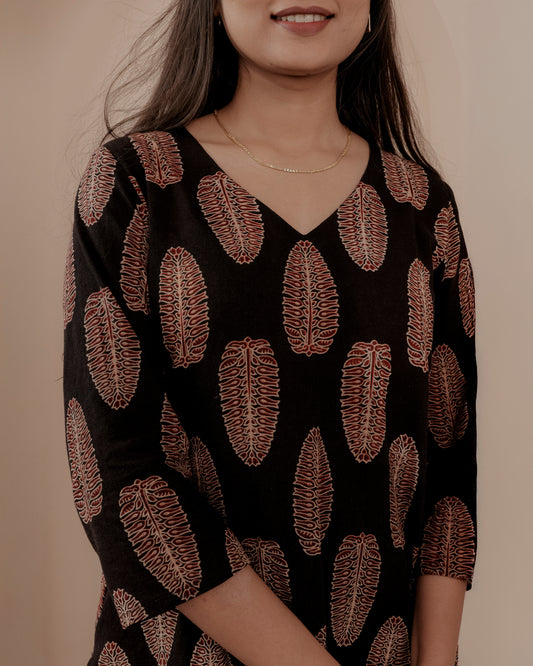 Black Ajrakh Hand Block Printed V-Neck Kurta