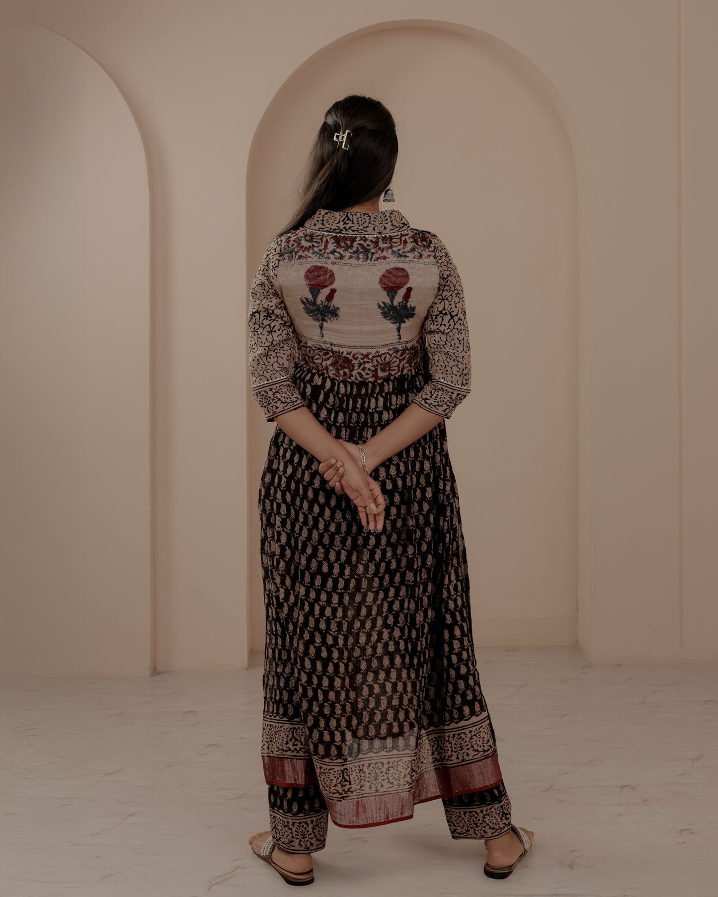 Black Ajrakh Hand Block Printed Linen Kurta Set