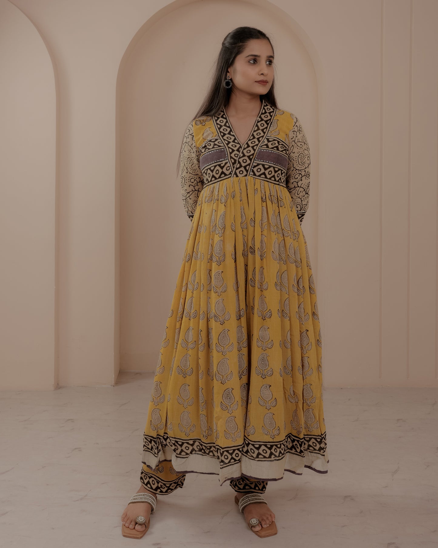 Yellow Ajrakh Hand Block Printed Anarkali Kurta Set