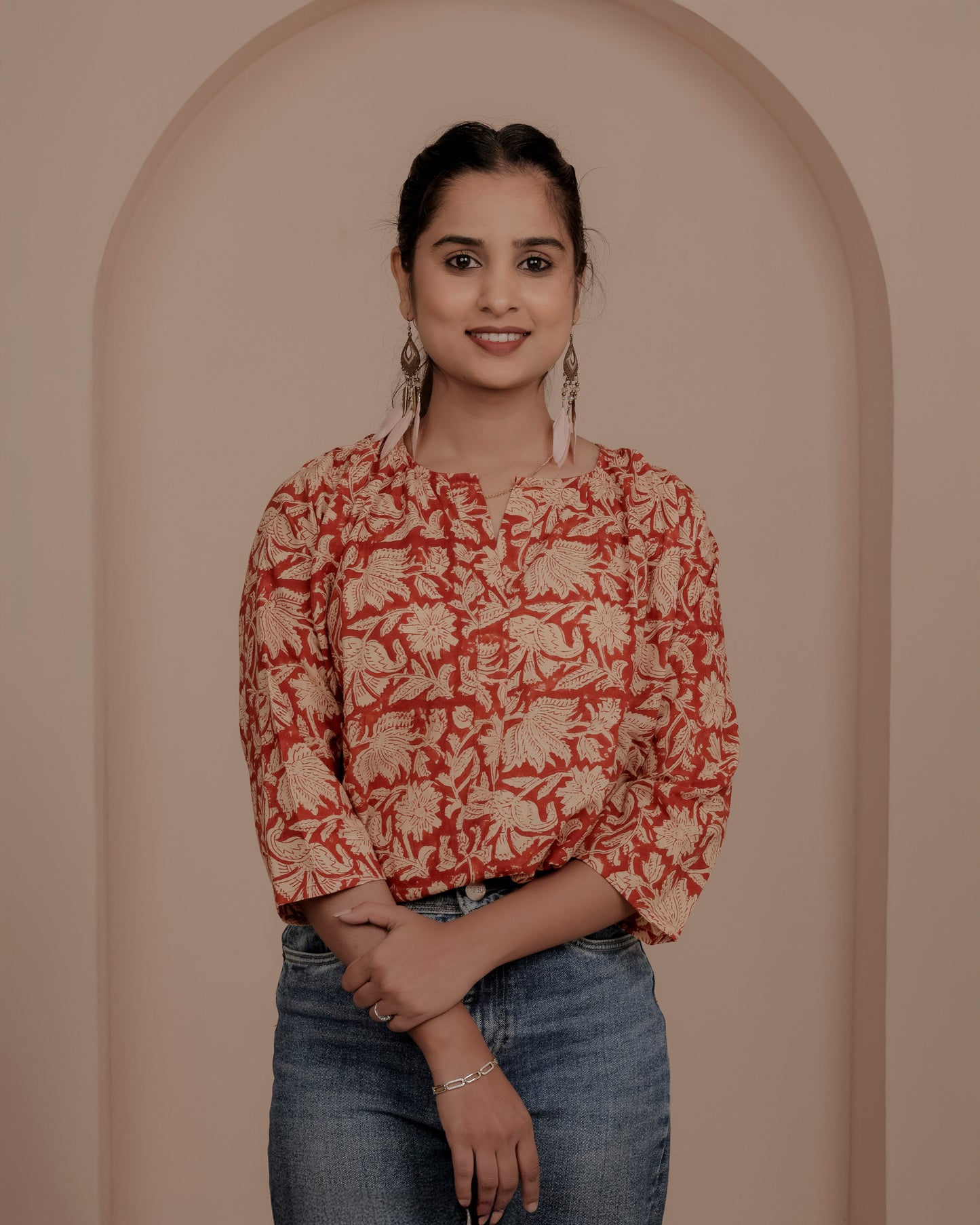Red hand block sanganeri print top