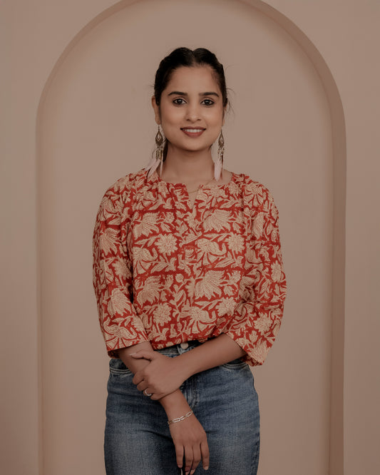 Red hand block sanganeri print top