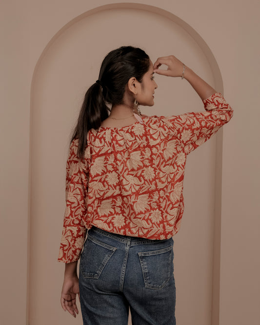 Red hand block sanganeri print top