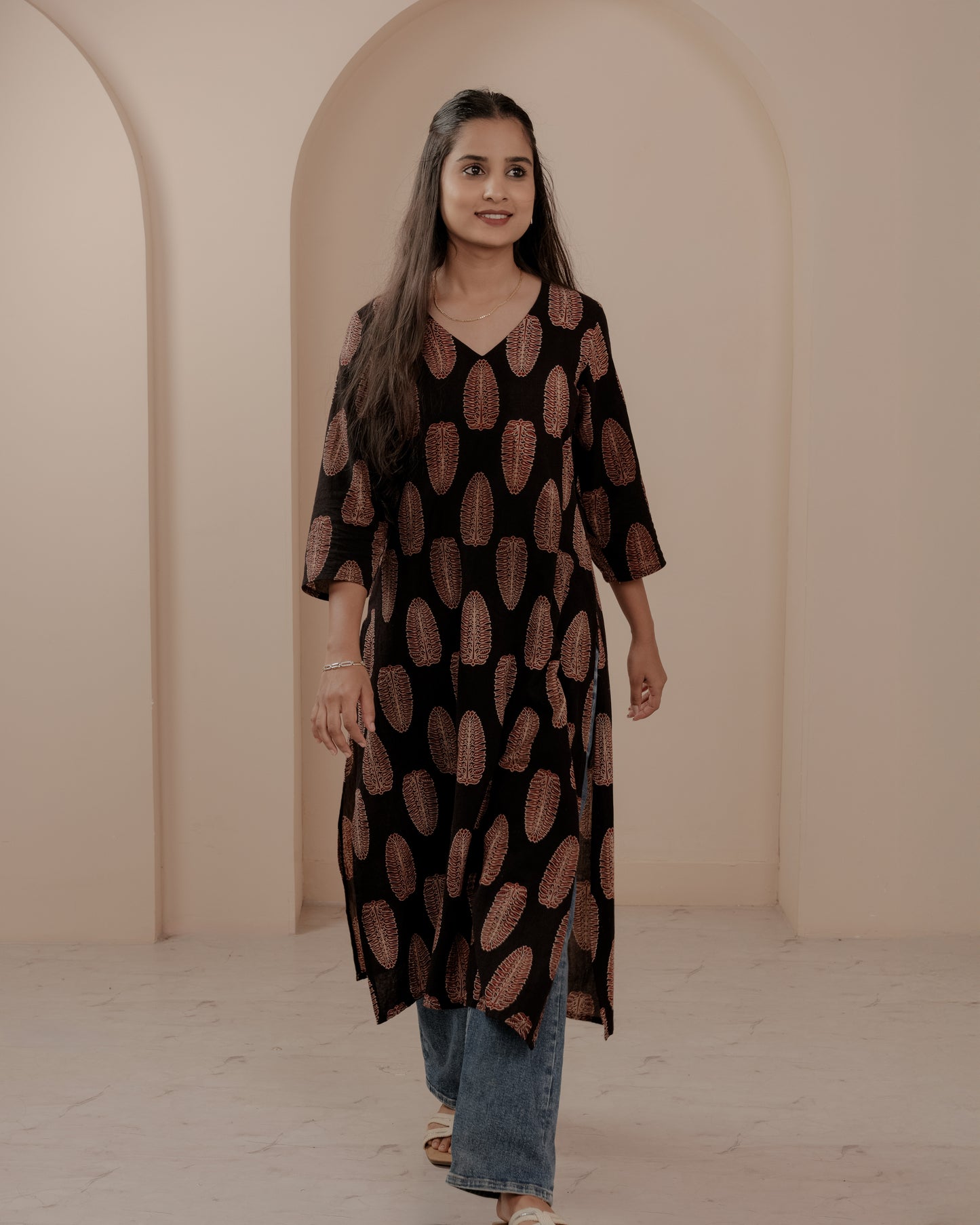 Black Ajrakh Hand Block Printed V-Neck Kurta