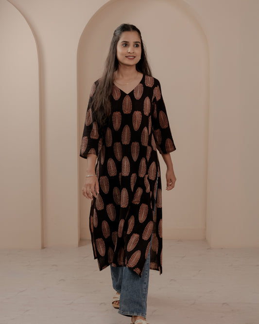 Black Ajrakh Hand Block Printed V-Neck Kurta