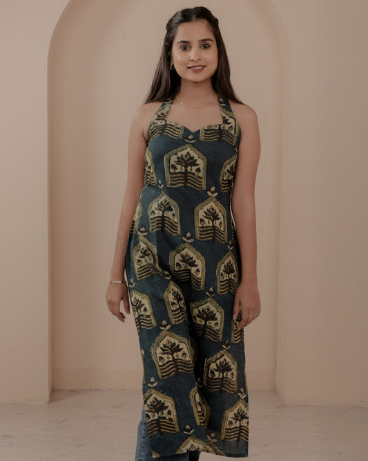 Blue Hand Block Printed Halter Neck Kurti