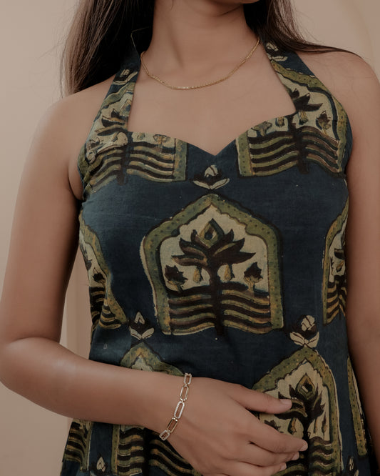 Blue Hand Block Printed Halter Neck Kurti