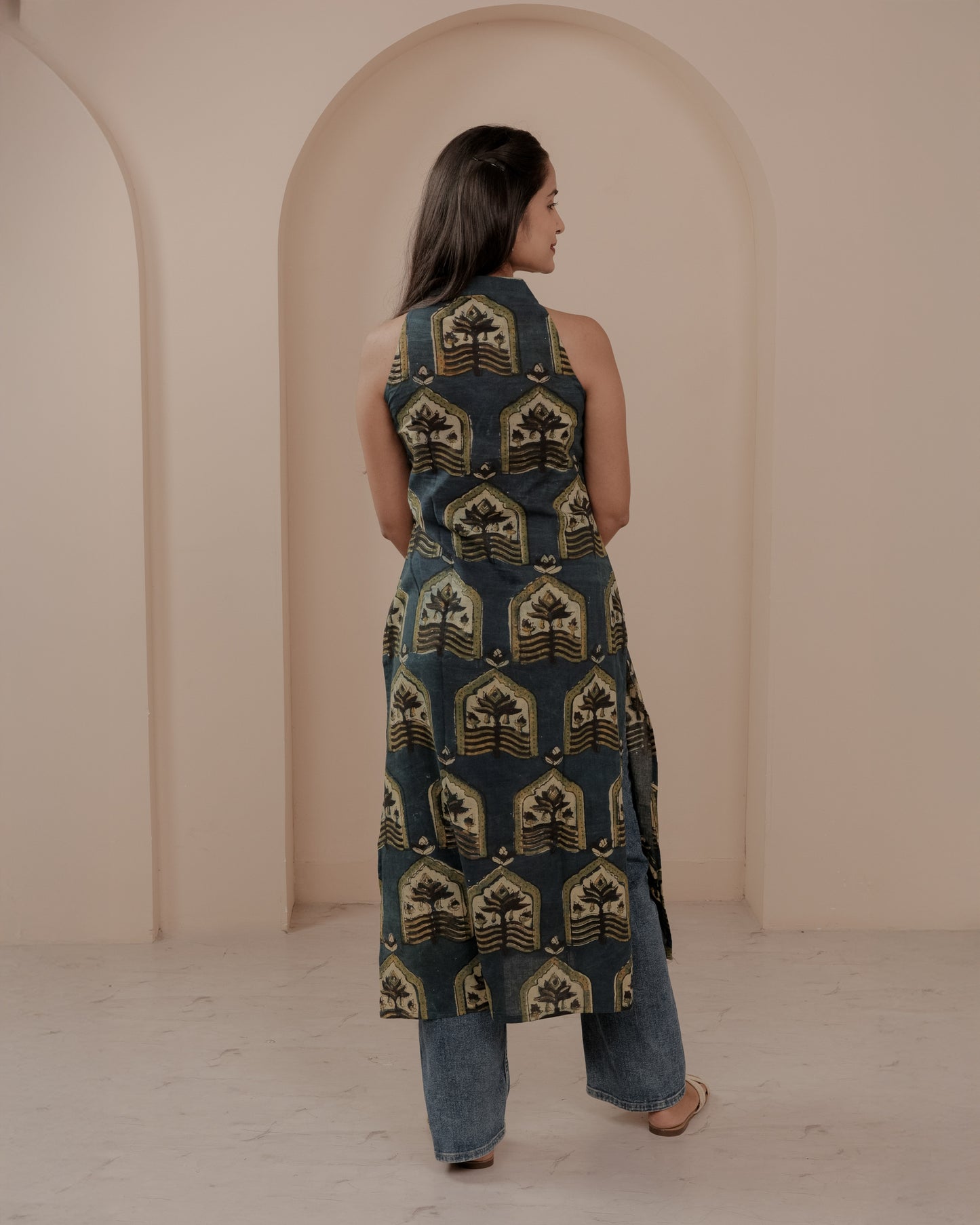 Blue Hand Block Printed Halter Neck Kurti