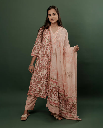 Peach Pink A-Line Kurta Pant & Dupatta Set