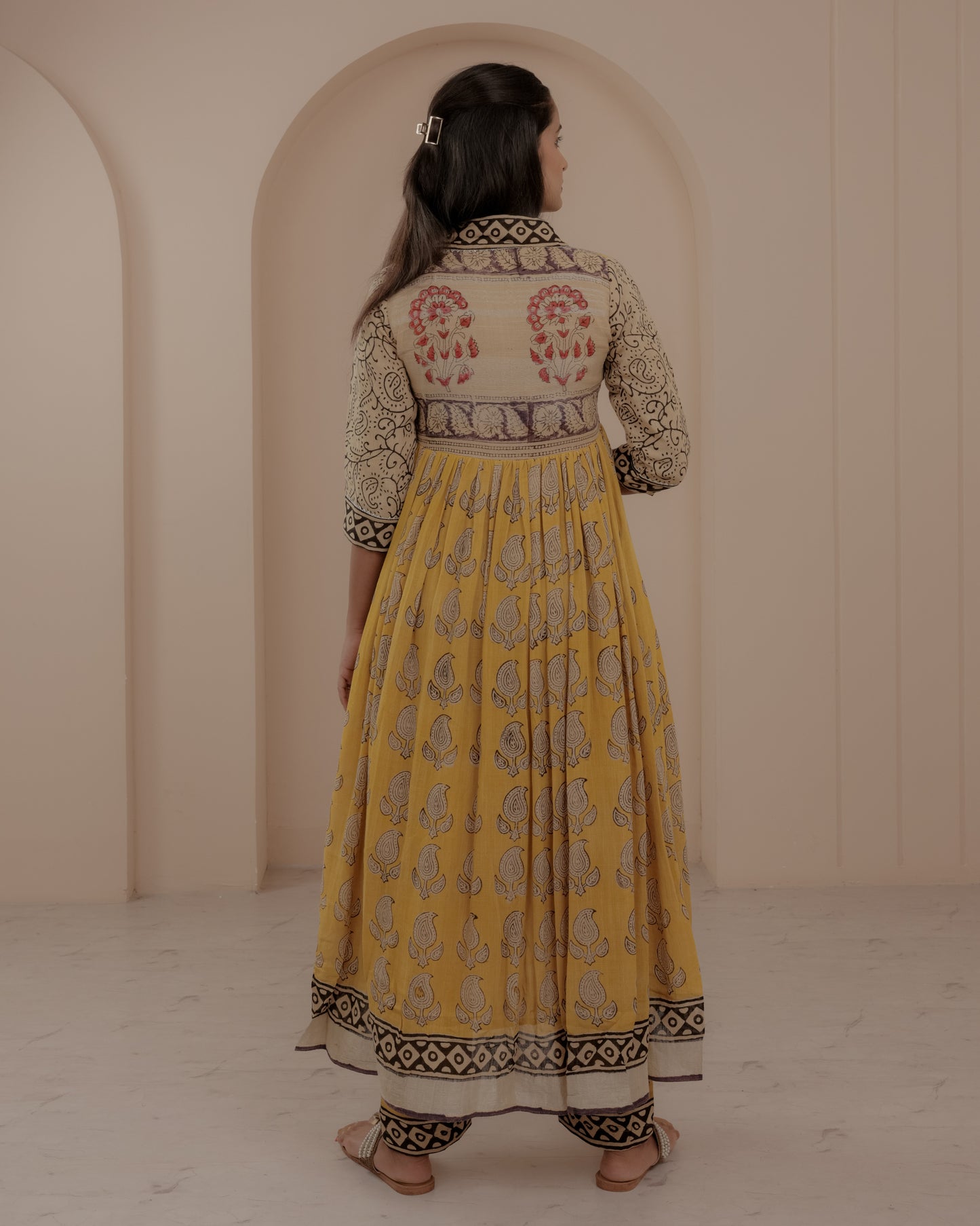 Yellow Ajrakh Hand Block Printed Anarkali Kurta Set