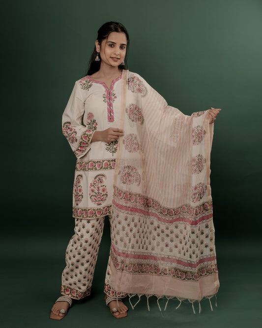 White Hand Block Printed Short Kurti, Wide-Leg Pants & Chanderi Dupatta