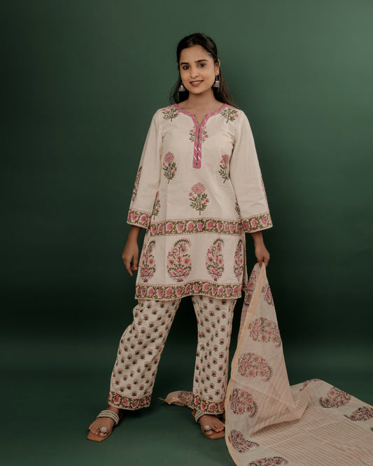 White Hand Block Printed Short Kurti, Wide-Leg Pants & Chanderi Dupatta